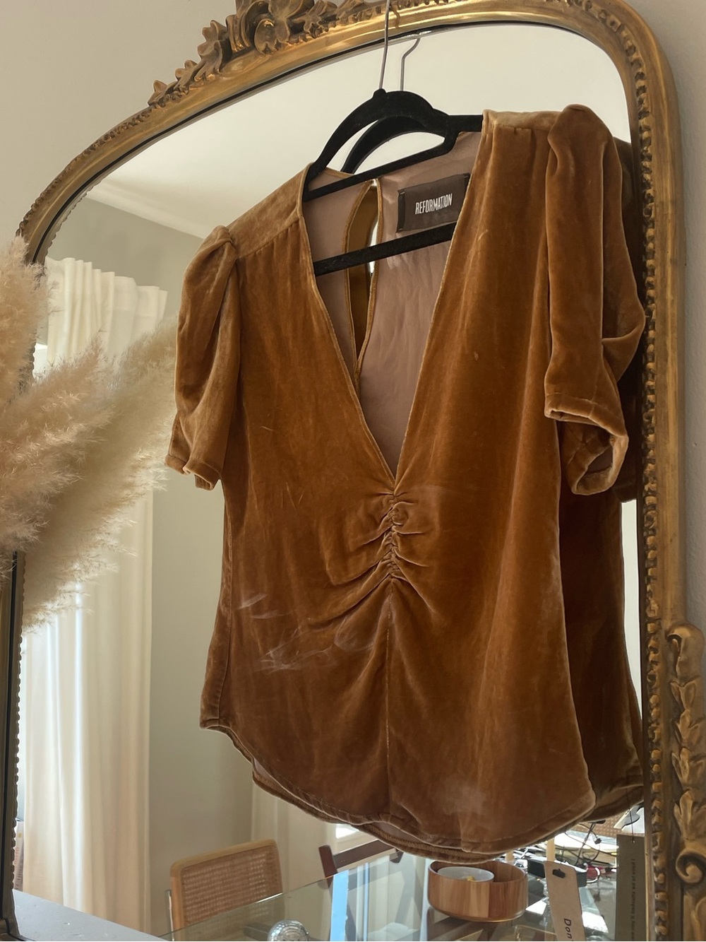 NWT Reformation Gold Velvet V-Neck Ruched Women's Top